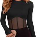 REORIA Women's Trendy Sexy Crew Neck Thumbholes Long Sleeve Sheer Mesh Going Out Bodysuit Tops (Black), S