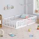 Spirich Twin Size Solid Wood Kids Floor Bed Frame with Fence and Door