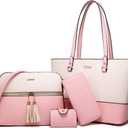 Women Fashion Synthetic Leather Handbags Tote Bag Shoulder Bag Top Handle Satchel Purse Set 4pcs (Large, A-pink Beige)
