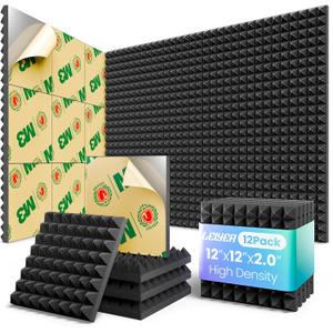 Acoustic Panels 12 pack Pyramid Self-Adhesive Upgrade,2"X12"X12" Sound Proof Foam Panels for Walls Quickly-Expand,Acoustic Wall Panels High Density Sound Absorbing for Gaming&Studio Decor,Black