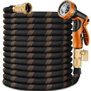 Flexible Garden Hose 100 FT, Ultra Lightweight Water Hoses w/10 Function Sprayer and 3/4" Brass Fittings, Kink-Free, Sturdy, Abrasion Resistant for Yard, Lawn, Outdoor and Gardening(Black Orange)