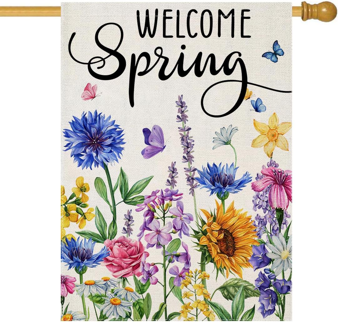 Welcome Summer House Flags for Outdoor Decoration, Watercolor Wildflowers Large Yard Flag,Seasonal Decorative Decor for Holiday Spring Outside 28x40 Inch Vertical Double Sided