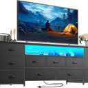 Huuger 63 Inch TV Stand for 65, 70 Inch TV, 11 Drawer Long Dresser with Power Outlets and LED Lights, Entertainment Center with Storage, Black Dresser with PU Leather Surface