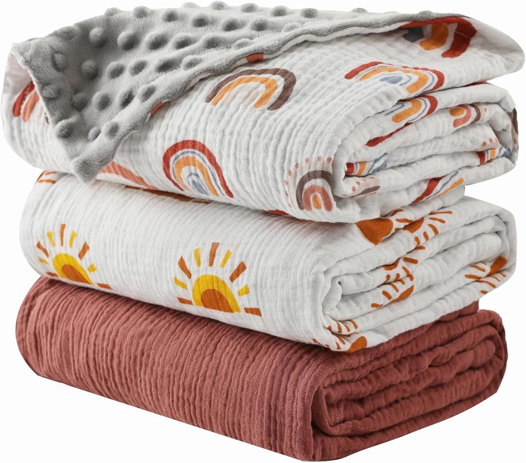 3 Pack Soft Boho Baby Gender Neutral Blankets for Newborn Baby Girls or Boys Unisex Nursery Toddler Baby Throw Blanket Double Layer Blankets with Dotted Backing Sun Rainbow Printed (Boho)
