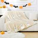 Halloween Ghost Throw Blanket 50x60, Ultra Soft Velvet All-Season Decorative Blankets with 3D Embroidered Ghost, Hidden Zipper for Duvet Insert, Cozy Bed or Sofa Blanket (White)