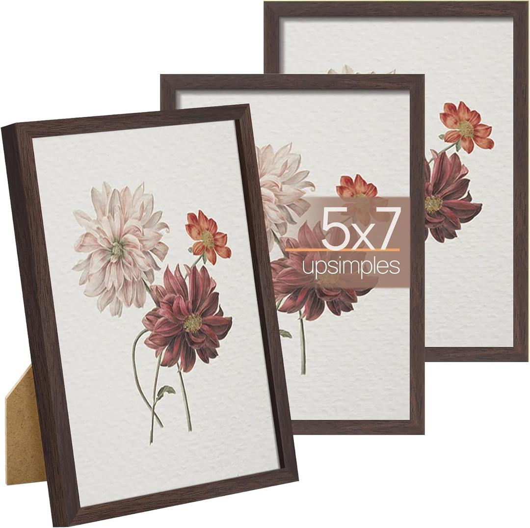 Upsimples 5x7 Picture Frame Set of 3, Made of High Definition Glass for 5 x 7, Wall and Tabletop Display Thin Border Photo Frames for Home Decor, Brown