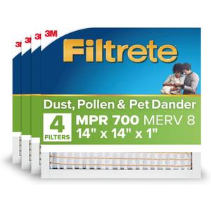 Filtrete 14x14x1 AC Furnace Air Filter, MERV 8, MPR 700, Tough on Pollen, Easy on Airflow, 3-Month Pleated 1-Inch Electrostatic Air Cleaning Filter, 4-Pack (Actual Size 13.688 x 13.688 x 0.78 in )