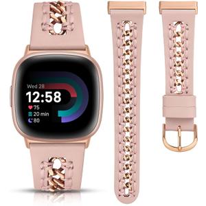 Minyee Leather Band Compatible with Fitbit Versa 4/3/Fitbit Sense 2/1 Bands Women, Dressy Premium Leather Designer Strap with Stainless Steel Metal Chain for Versa 3 4 Sense 2 Smartwatch (Pink/Rose Gold)