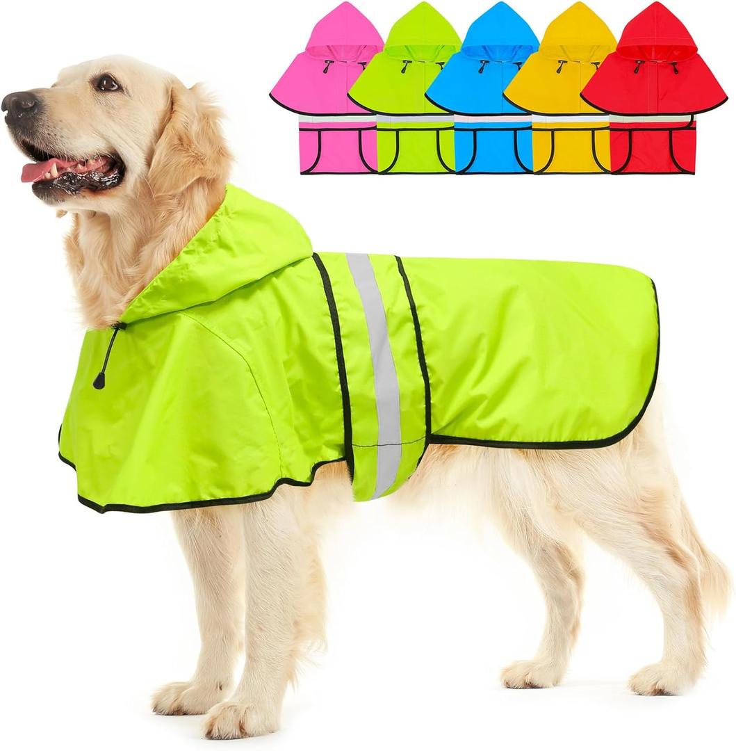 Hooded Dog Raincoat - Reflective Dog Rain Jacket Lightweight Waterproof Rain Coat for Large Dogs (Large, Green)