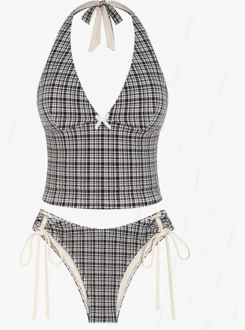 seamoly Vintage Gingham Halter Tank Top & Cinched Tie Side Tankini Set, Small