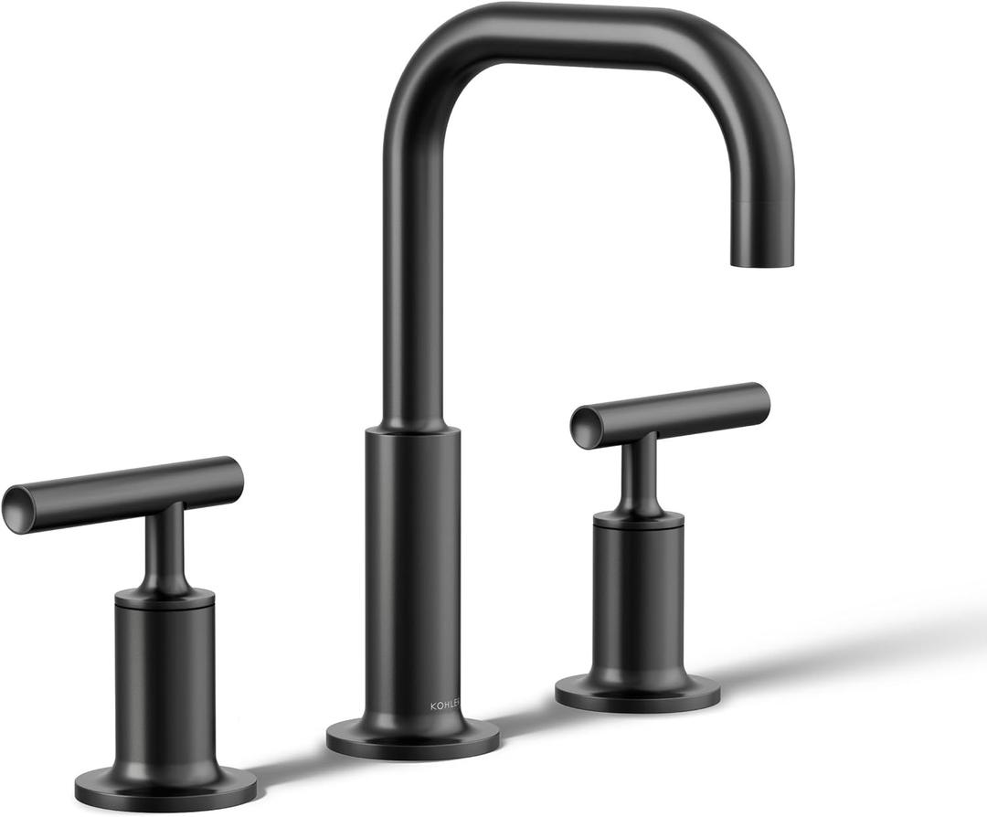 KOHLER K-14406-4-BL Purist Widespread Bathroom Sink Faucet, 3-Hole, Bathroom Faucets with Low Lever Handles and Low Gooseneck Spout, 1.2 GPM, Matte Black