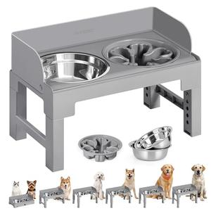 Feandrea Dog Bowls Elevated, Raised Stand with 1 Slow Feeder and Two 304 Stainless Steel Bowls, Adjustable Height and Tilted Design, Dove BLACK UPRB103GD01