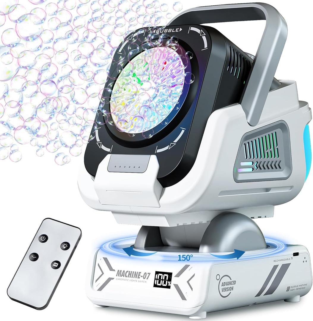 2025 Upgraded Bubble Machine with Remote Control, Automatic Rotation & RGB Lights, 1800mAh Rechargeable Battery, Type-C Charge, Bubble Maker for Kids, Weddings, Birthday Parties, Outdoor Activities