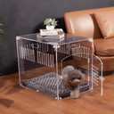 Modern Clear Acrylic Dog Crate Furniture with Cushion, Secure Indoor Kennel for Medium & Small Dogs, 27.5" L Side End Table Dog Cage with Latch Lock