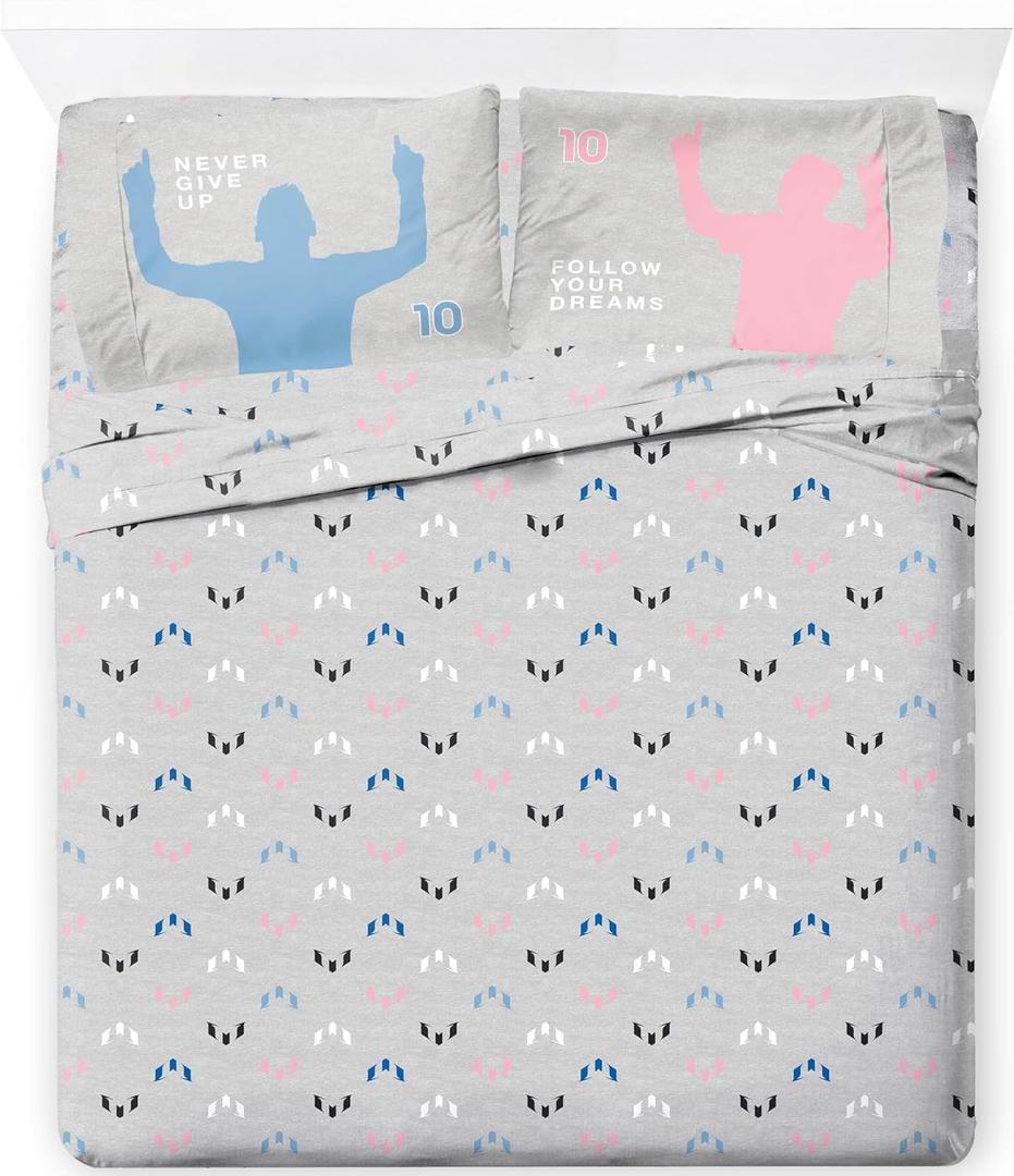 Jay Franco Kids Sheet Set with Fitted, Flat Sheets & Pillow Cover - Ultra-Soft Bedding with Pillowcase for Room Decor, Grey - Messi, 4 Piece Queen