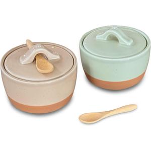 Mora Ceramic Salt and Pepper Cellar Set with Lid - 10 oz Modern Canister/Container/Bowl for Storage, Sea Salt, Spice, Sugar, Countertop - Small Dish/Jar with Wood Spoon, Matcha & Chai Crock, 2 Pack