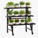 Metal Plant Stand with Wheels, 3-Tier Plant Rack,35.43" Wide Indoor Outdoor Flower Pot Rack, Black, 230 lb Capacity for Patio, Balcony, Living Room