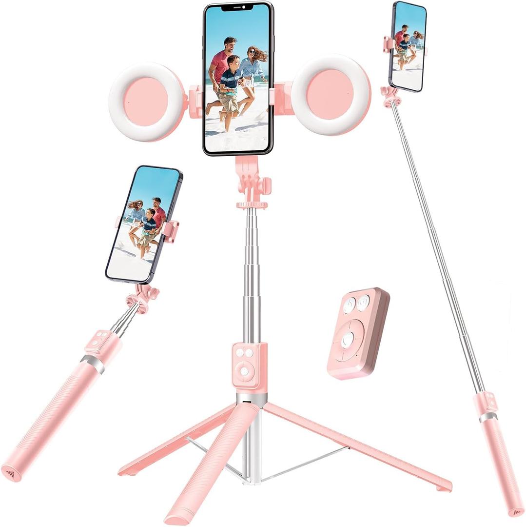 Selfie Stick Tripod with Fill Light, Phone Selfie Stick,Durable Stainless Steel Design,Bluetooth Remote Control,and Stable Three-Legged Support for Live Broadcasts,Video Shooting (Pink)