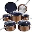 Nuwave Healthy Duralon Blue Ceramic Nonstick Cookware Set, Diamond Infused Scratch-Resistant, PFAS Free, Dishwasher & Oven Safe, Induction Ready & Evenly Heats, Tempered Glass Lids & Stay-Cool Handles (12pc Cookware Set, Metallic Mocha Brown)