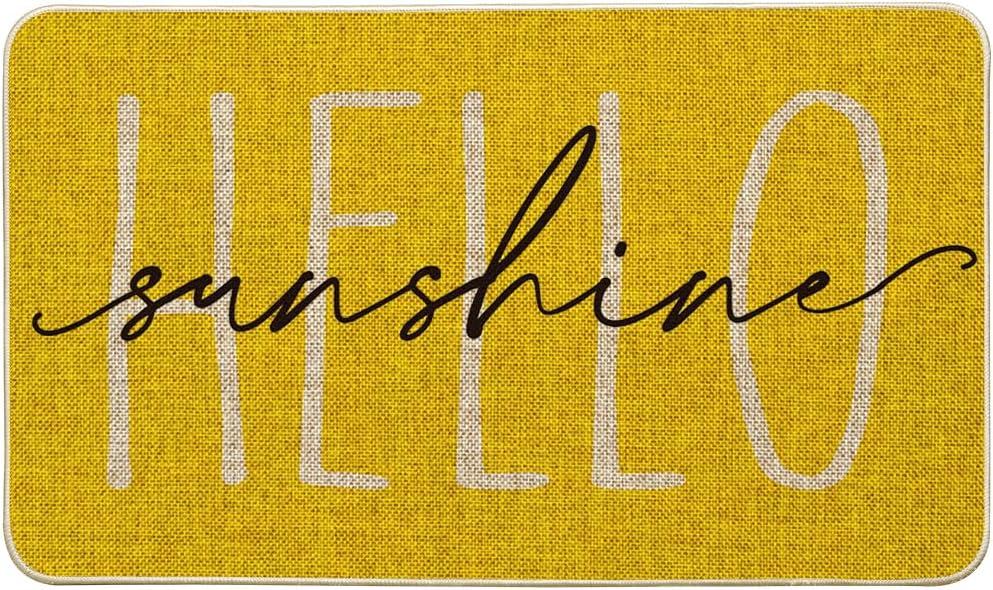 Artoid Mode Yellow Hello Sunshine Summer Decorative Doormat, Seasonal Spring Holiday Low-Profile Floor Mat Switch Mat for Indoor Outdoor 17 x 29 Inch