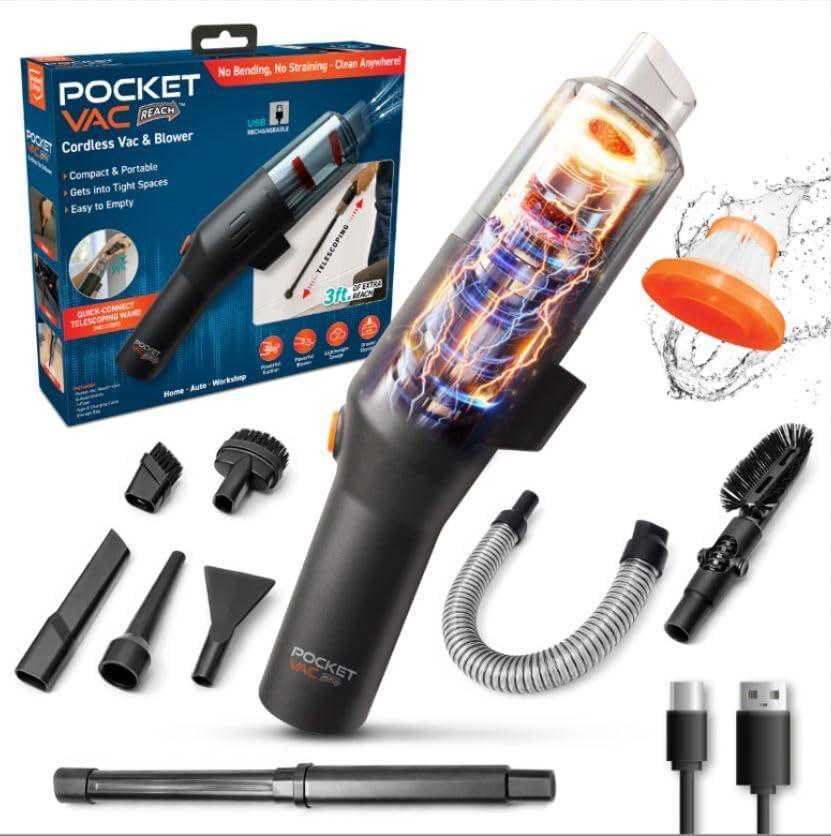 Pocket Vac Reach Handheld Vacuum w/ 3ft Extension Wand Cordless 2-in-1 Blower & Portable Car Vacuum Cleaner, Mini Hand Vacuum for Furniture, Keyboard & Tight Spaces - w/ 8-Piece Attachment Kit