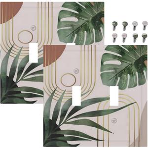 Decorative Light Switch Plate Covers Boho Mid Century Arch Green Leaves 2 Gang Light Switch Cover Plate Double Toggle Wall Plate Outlet Covers for Bedroom Home Decor2 Pack