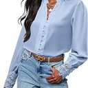 New Week Women's Button Down Shirts Lace Cuff Long Sleeve Chiffon Dressy Tops Band Collar Fall Business Casual Blouses 2025 Light Blue, Small 