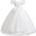IDOPIP Flower Girl Sequin Lace-up Bow Dress for Kid Wedding Bridesmaid Pageant Party Formal Long Gown Communion Tulle Dresses, 6-7Y