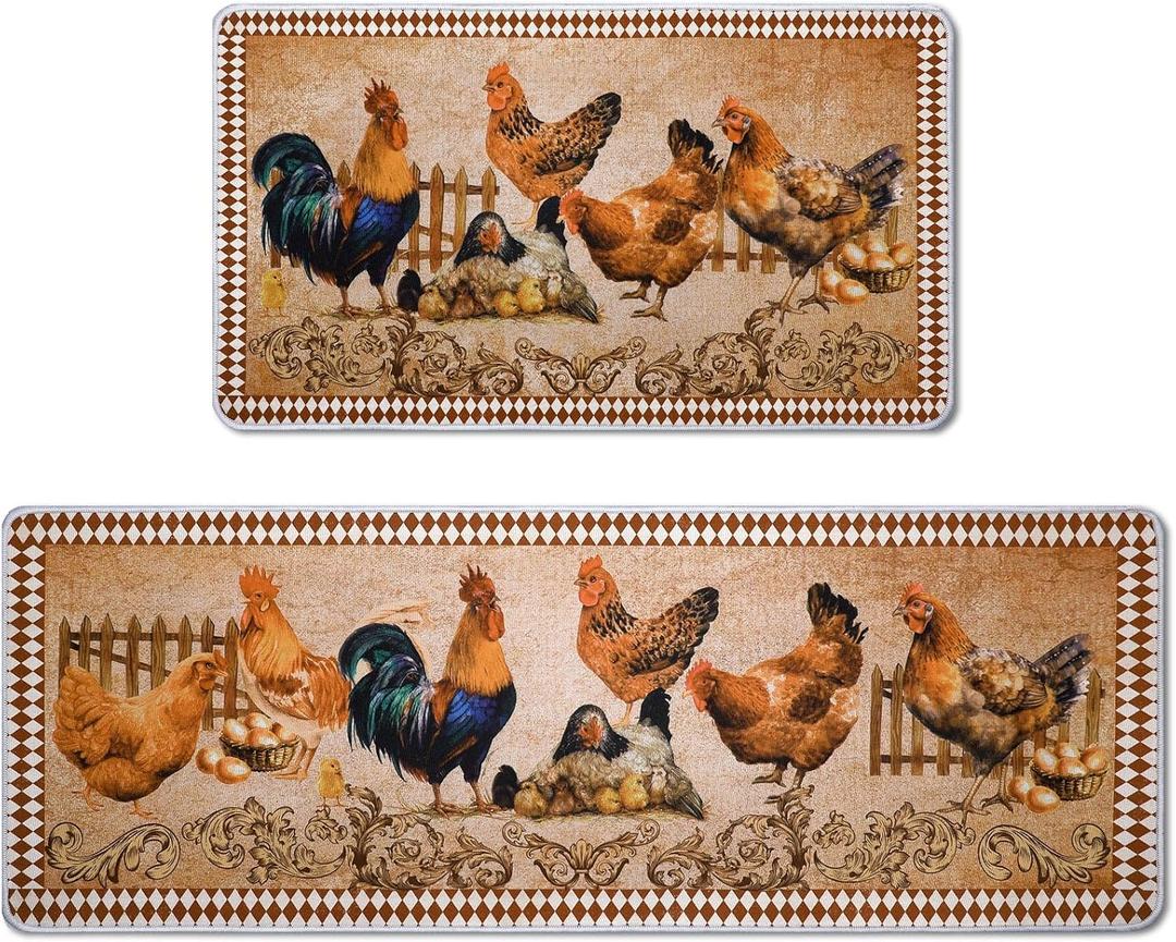 Bencailor 2 Pcs Winter Rooster Decor Kitchen Rug and Mat Rooster Kitchen Rugs Set Farmhouse Mat Decoration Chicken Non Slip Washable Doormat 17 x 30 Inch, 17 x 47 Inch