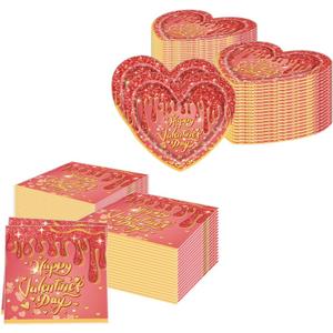 Valentine's Day Party Tableware, Heart Love Plates Napkins, Valentine's Wedding Memorial Day Party Decorations Supplies(DiamondRed)
