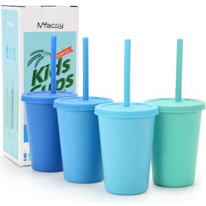 Mfacoy 4 Pack Wheat Straw Cups with Lid and Straws, 10 oz Unbreakable Kids Cup, Reusable Drinking Cups, Small Water Cup, Colourful Tumbler Cups for Kitchen, BPA Free, Dishwasher & Microwave Safe (Blue)
