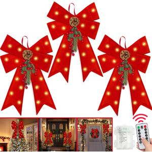 3 Pack Large Prelit Christmas Bows, 24'' x 14'' Red Velvet Bows with 20 LED Lights Remote 8 Modes & Timer, Red Berries Pinecones, Christmas Outdoor Bows for Wreaths Garland Tree Topper Indoor Decor