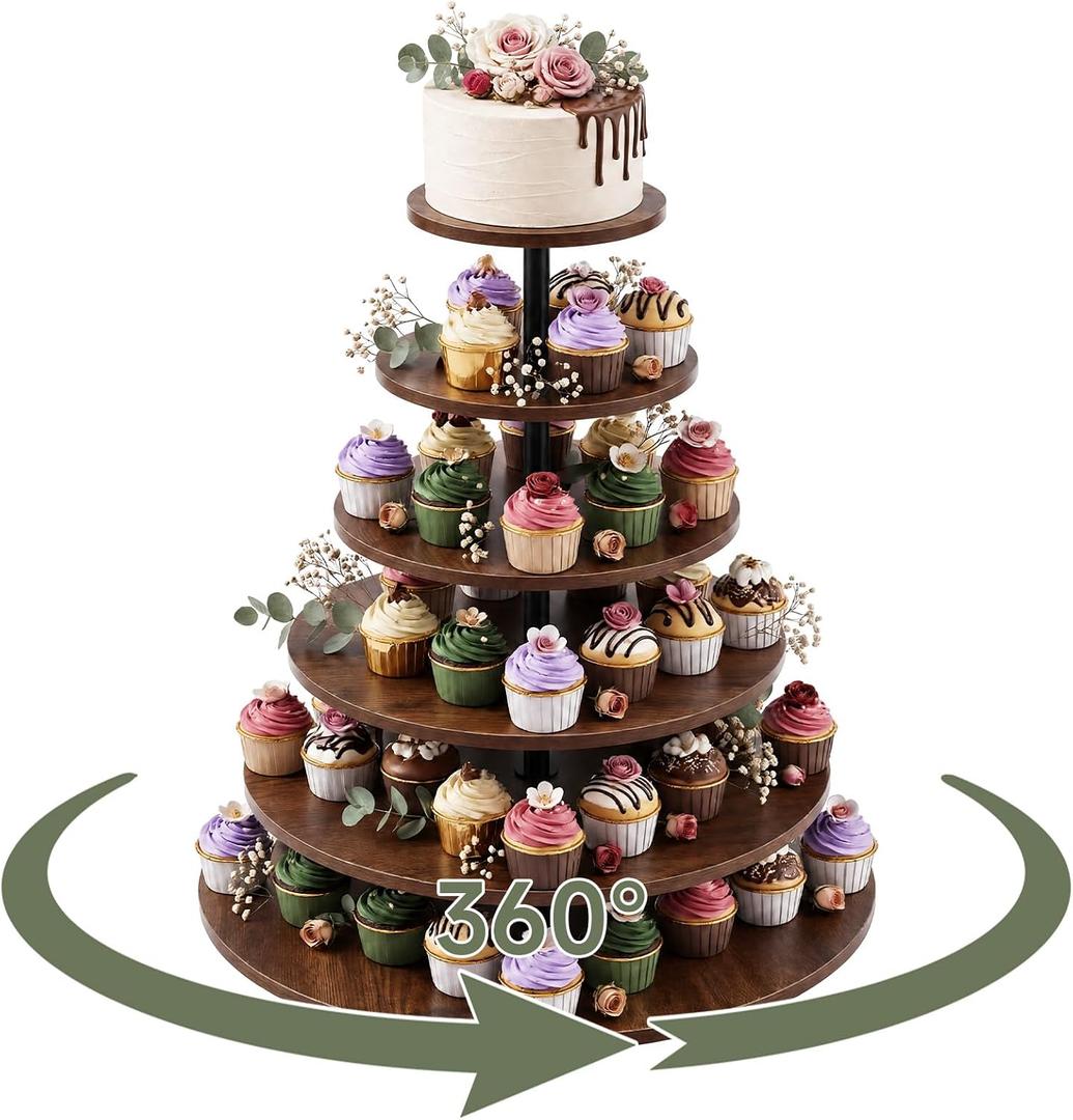 Willinglong 6 Tier Large Cupcake Stand for 80 Cupcake Rustic Tower Tree 360° Rotatable Cupcakes Holder Wood Dessert Table Display Dessert Stand for Birthday Graduation Baby Shower Wedding Party