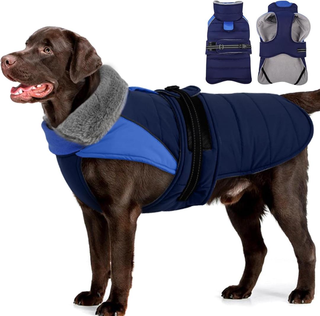 MIGOHI Comfortable Large Dog Coat - Waterproof Dog Coat with Reflective Strips,Windproof  Dogs Jacket with Warm Turtleneck, Snow Coats for Large Dogs,Labrador Golden Retriever, 2XL, DarkBlue