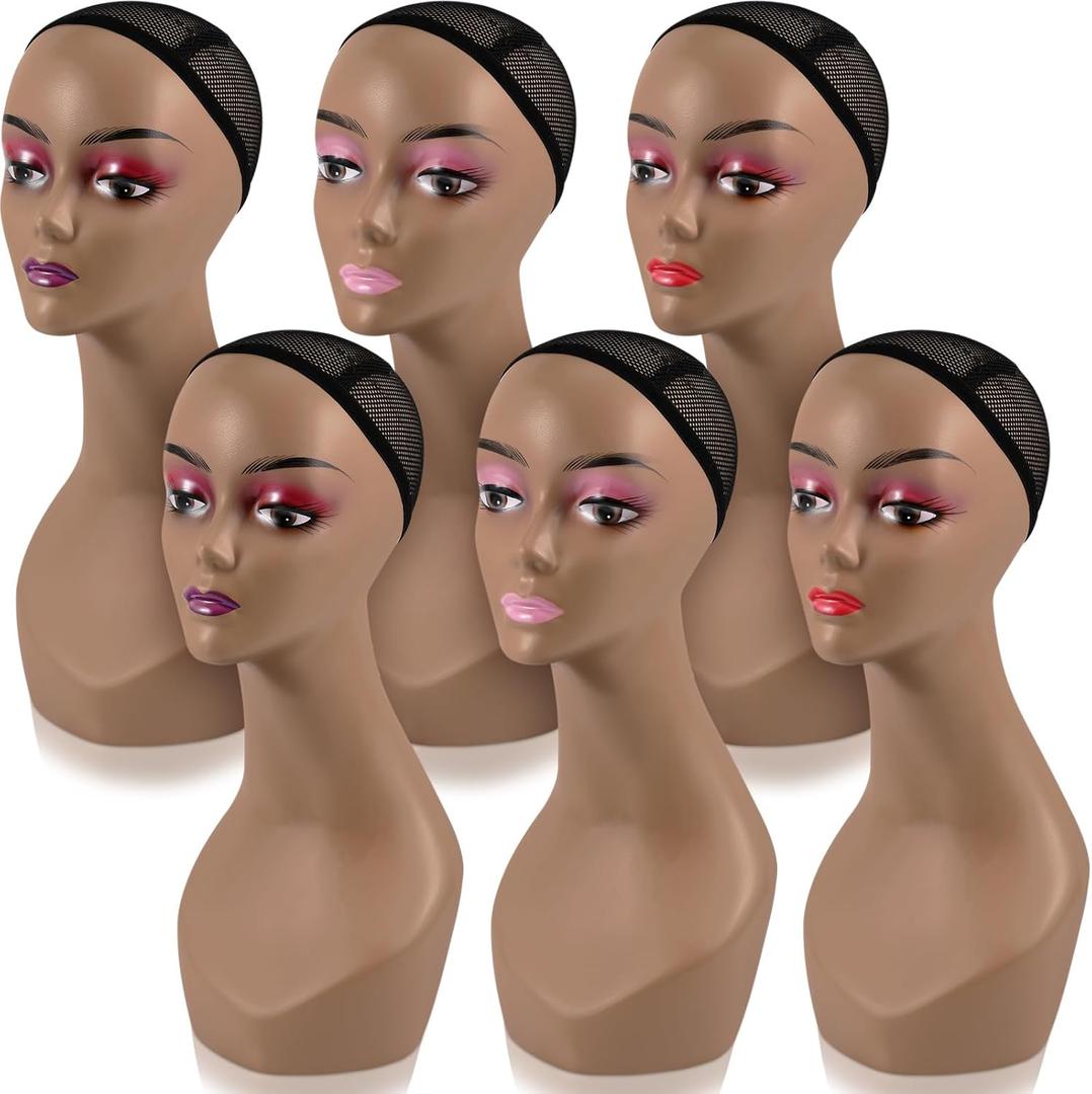 Leinuosen 6 Pcs Female Realistic Mannequin Head for Wigs 19" Lifelike Plastic Manikin Display for Sunglasses, Earrings, Jewelry, Beauty Accessories, Brown
