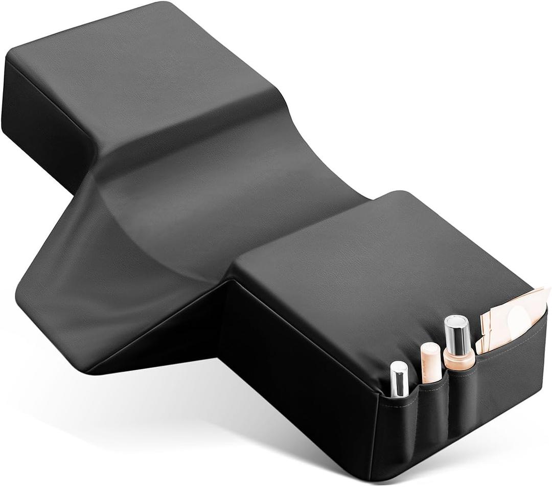 Onism Lash Pillow, Leather Waterproof Curved Memory Foam Lash Extension Pillow with Neck and Back Support, Perfect Pillow for Eyelash Extensions, Pockets on Both Sides for Tools, Black