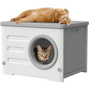 Outdoor Cat House Weatherproof&Insulated,Plastic Waterproof Elevated Cat Shelter Stackable Pet House Cat Wave for Outdoor Indoor Use with Bed CushionGrey