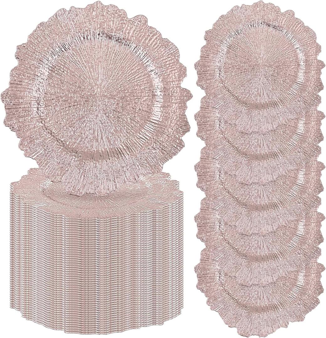 fani 100 Pcs Rose Gold Charger Plates Bulk, 13 Inch Reef Wedding Chargers for Dinner Plate, Round Plastic Reusable Ruffled Rim Decorative for Table Setting, Parties, Wedding, Events