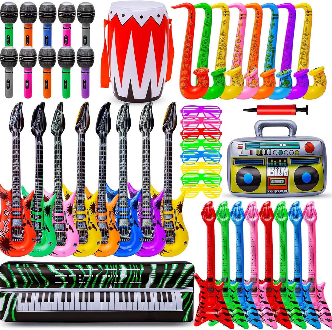 Inflatable Rock Star Toys, 48pcs 80s 90s Party Decorations Inflatable Party Props Musical Instrument Blow up Guitar Inflate Rock Band for Carnival Rock and Roll Party Favors (Random Color)