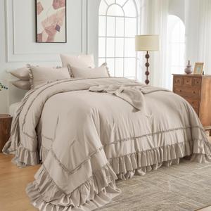 Sanracie Oversized King Comforter 120" x 120", Linen Colored Cotton Boho Vintage Aesthetic Bedding Comforter Sets Extra Soft Lightweight Farmhouse French Country Bedroom Set for All Season
