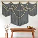 Large Macrame Wall Hanging Grey Boho Wall Art Beaded Decor 57"W*39"L