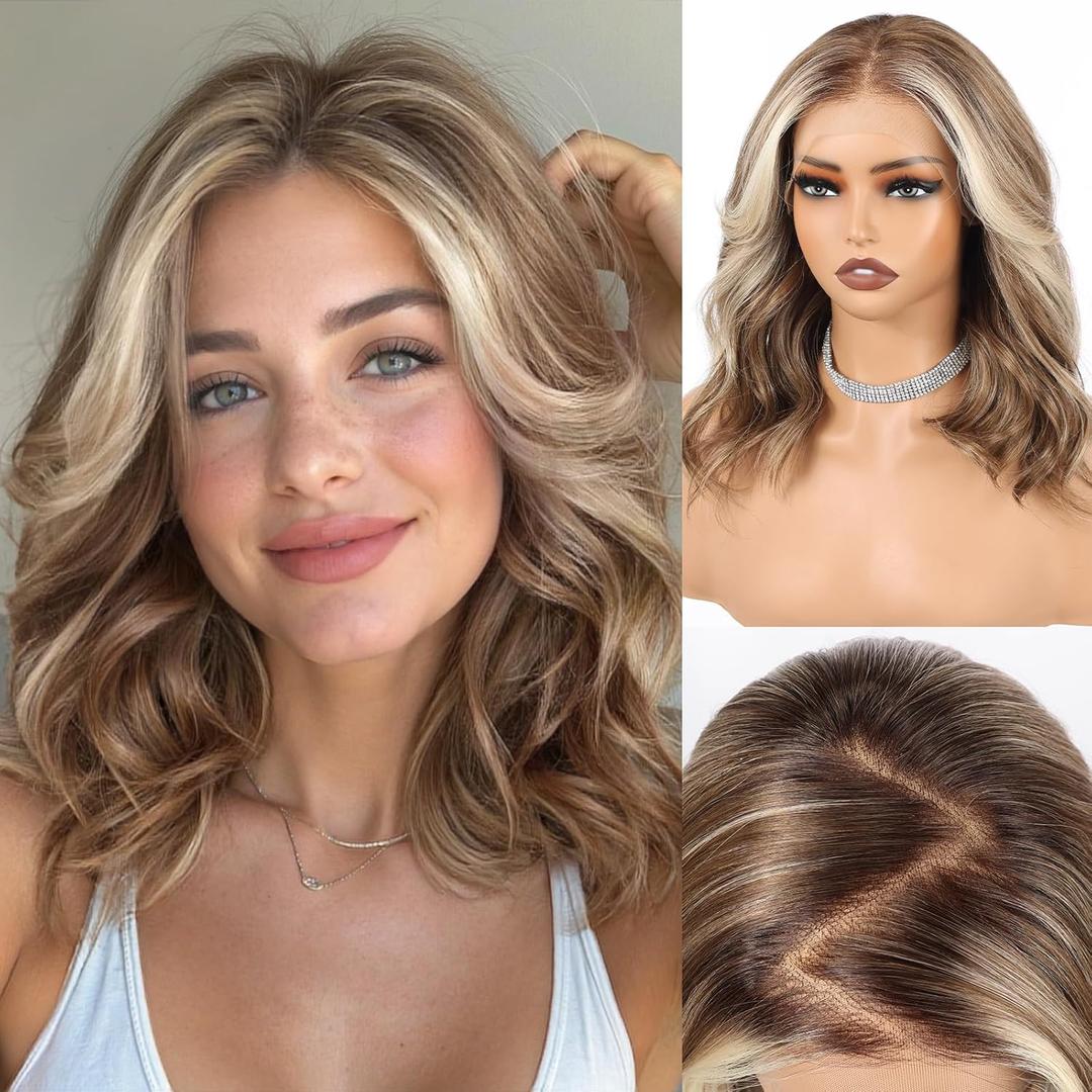 HAIRCUBE 13x6 HD Lace Front Wig for Women, 16-Inch Heat Resistant Synthetic Wavy Hair, Shoulder Length Glueless Lace Wigs for Daily, Party&Date (Blonde balayage)