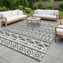 Outdoor Rug Geometric Black and White 9x12 Waterproof | Extra Large Reversible Plastic Straw Outdoor Patio Rug 0.13" Thick for Big Space
