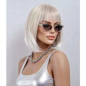 Rugelyss Creamy Champaign White Short Platinum Bob Wig with Bangs Ombre to Blonde Hair Synthetic Heat Resistant 12 Inch Wigs for Women