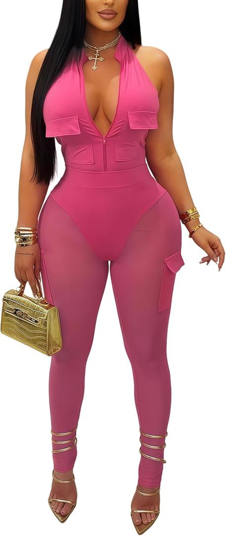 Women's Deep V Workout Jumpsuits - Sexy Summer Two Piece Sets for Going Out (Medium, Pink)
