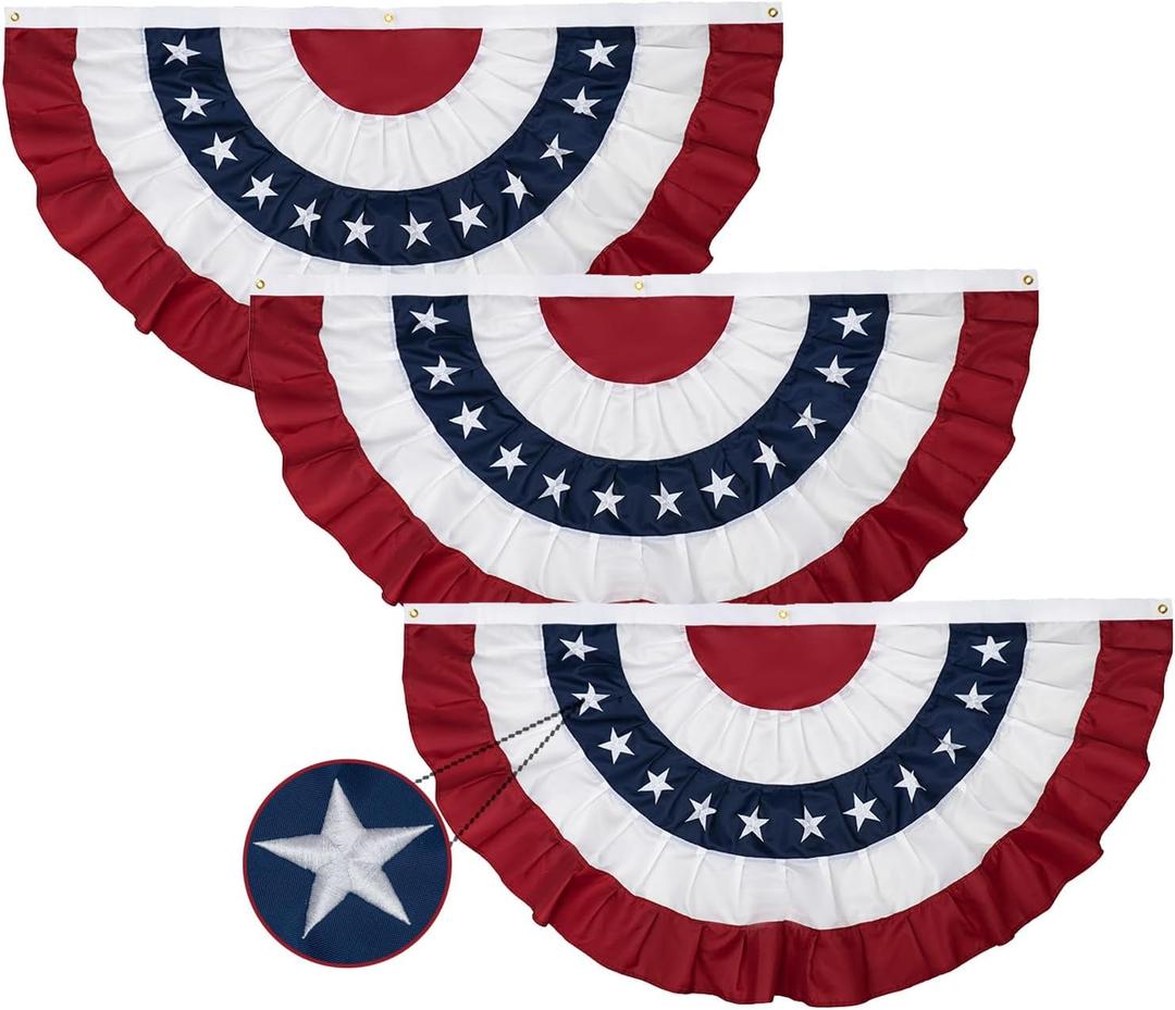 TOPFLAGS Bunting Flags Outdoor 3 Pcs American Flag Buntings 3x6 Ft Embroidered Stars Small Wrinkles USA Pleated Fan Flag Patriotic Decorations for Outside Memorial Day 4th of July USA 250th Unniversary