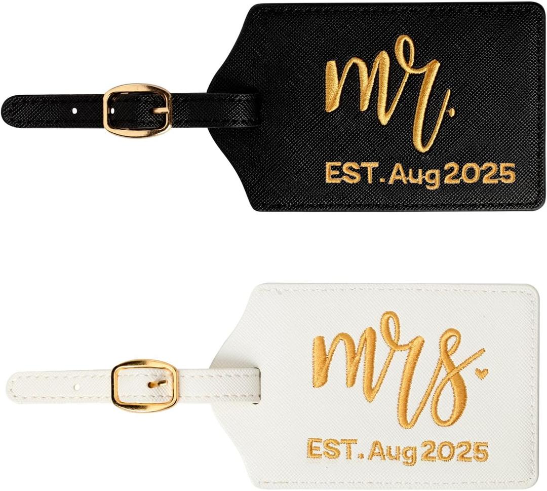 Mr and Mrs Est Luggage Tag, Embroidered Mr Mrs Luggage Tag with Est Date, Honeymoon Suitcase Accessories, Wedding Gift for Couples, Bridal Shower Present (Est. Aug 2025)