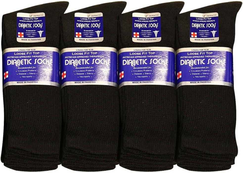 Falari Physicians Approved Diabetic Socks For Men Women Non-Binding Loose Top Wide Crew Length (13-15, 12 Pairs Black)