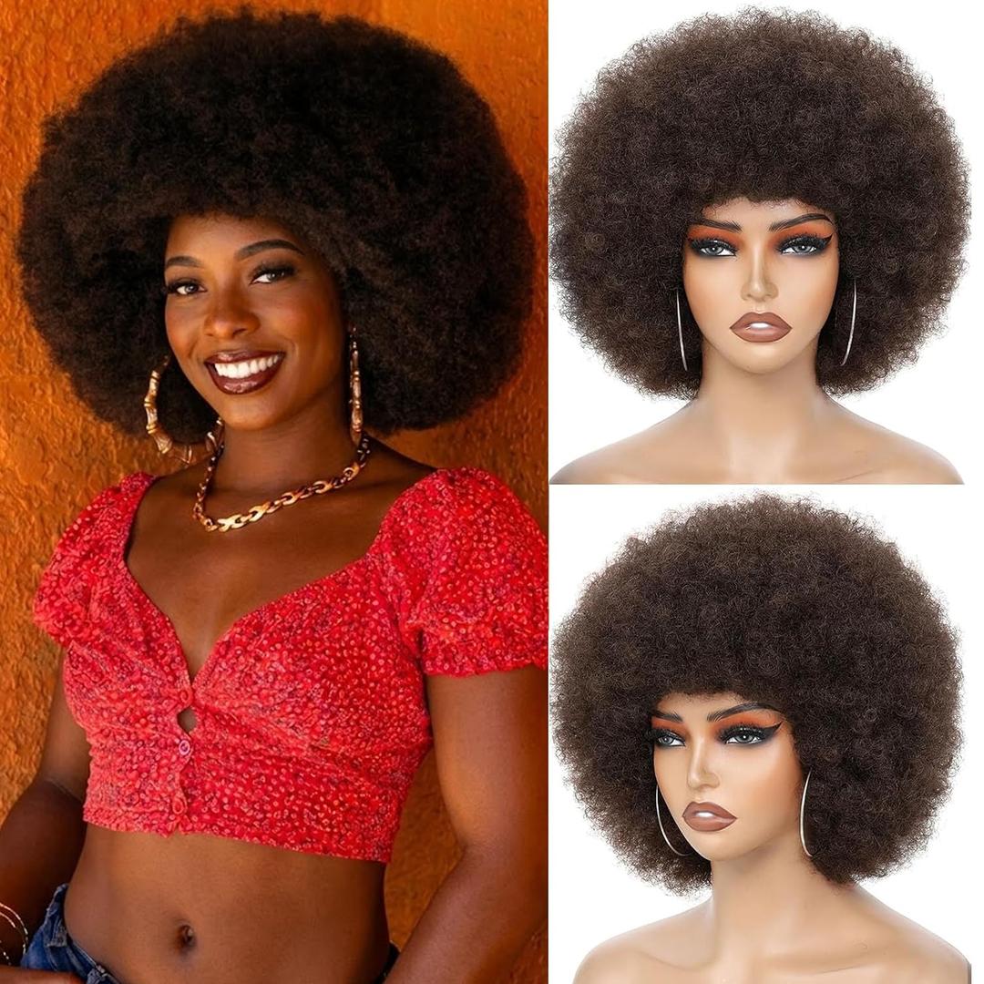 Dark Brown Afro Wigs for Black Women 70s Afro Kinky Curly Wig with Bangs Bouncy Fluffy Puff Wigs 4# Synthetic Hair for Cosplay Daily and Party (Dark Brown)