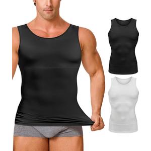 Gotoly Men Compression Shirt Shapewear Slimming Body Shaper Vest Undershirt Tummy Control Tank Top(Black+White 2pcs, Large)